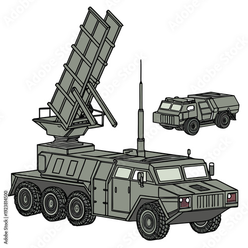 Military vehicle with missile launcher and radar system
