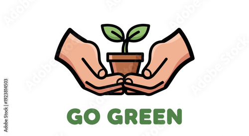Cartoon hands cradle a small potted plant, conveying a message of environmentalism, sustainability, and nurturing nature. Perfect for eco-friendly campaigns.
