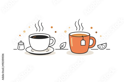 Coffee and tea illustration. A calm tabletop scene with a coffee cup and a tea mug side by side, gentle steam rising and small decorative dots floating around.