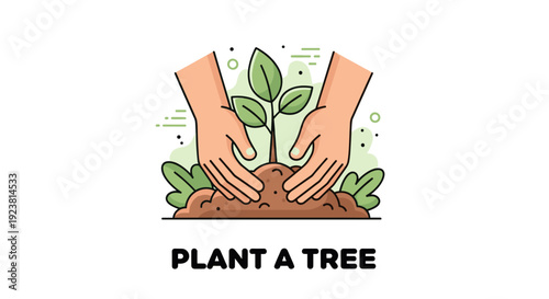 Vector illustration of hands gently placing a small tree sapling into soil, symbolizing growth, sustainability, and environmental care. Use for Earth Day, gardening, and ecological awareness projects.