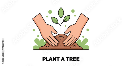 Illustration of two hands carefully planting a young tree seedling in brown soil, symbolizing growth, sustainability, and environmental awareness on a white background.