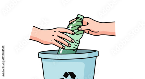 Illustrated hands placing a green plastic bottle into a light blue recycle bin with the recycling symbol, promoting eco-friendly habits.