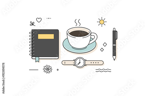Ritual and routine flat lay. A top-down arrangement of everyday morning items like a notebook, coffee cup, and pen placed with calm symmetry. Quiet intentional