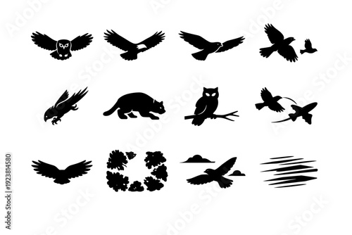 Wildlife in Motion. Solid icon set of Wildlife in Motion: owl flying, eagle soaring, hawk glide, bird chase, predator dive, silent approach, night hunt pose,