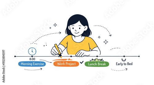 Woman planning her daily schedule with tasks and activities on a timeline