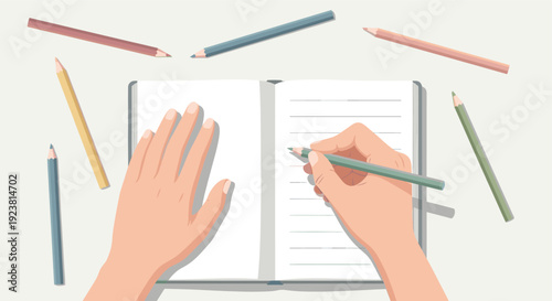 Hand holding a green pencil writes in a lined notebook surrounded by several colored pencils, creating a calm, artistic workspace perfect for educational and creative projects.