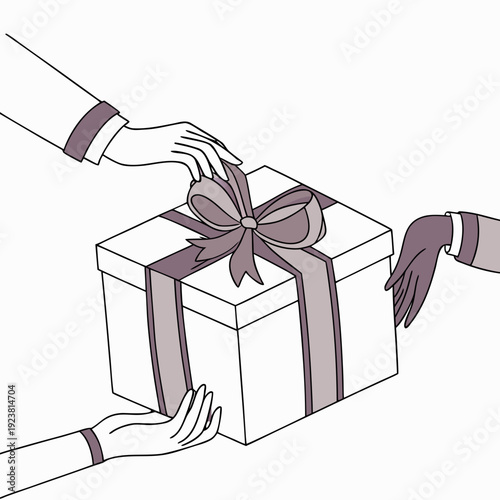White gift box with purple ribbon supported by four hands