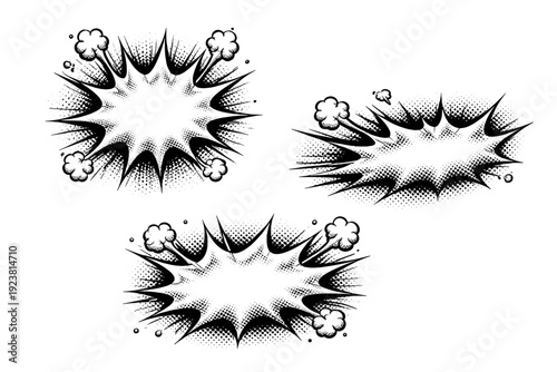 Comic halftone splash explosion A splash-like explosive shape with irregular edges illustrated in front view, side view, and three-quarter view as three