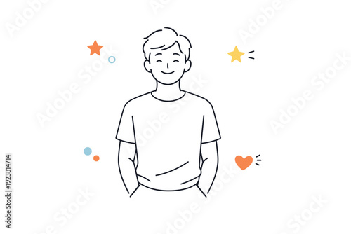 Smiling without reason. A person stands alone with a soft, unprompted smile, relaxed shoulders and calm posture. Quiet inner warmth, subtle