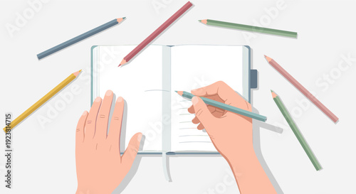 Hand using colored pencil drawing in an open notebook, surrounded by colored pencils, on a white background, suggesting creativity, planning, or artistic pursuits.