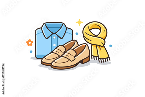 Light spring clothing minimal outfit essentials featuring a pair of loafers and a light scarf, balanced together to suggest versatility, comfort, and modern