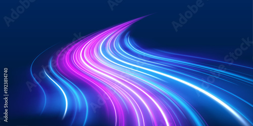 Neon purple and blue and green streaks twist across a panoramic city road. Comet-like trails and motion blur evoke speed and futuristic design.