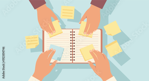 Overhead shot showing team brainstorming ideas, using colorful sticky notes on a spiral notebook; perfect for illustrating teamwork, collaboration, and planning strategies.