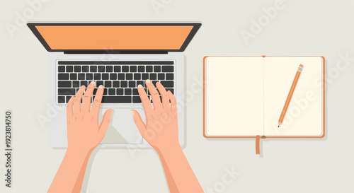 Top-down view illustration of hands typing on a laptop, with a notebook and pencil beside it, conveying a sense of remote work or creative process.