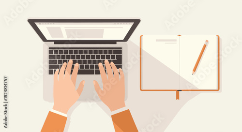 Top-down flat lay illustration of hands typing on a laptop keyboard next to an open notebook with a pencil, suggesting productivity and workflow.