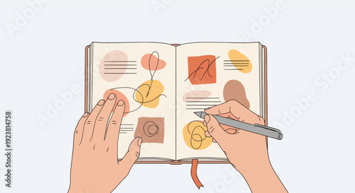 Hand drawn illustration of hands drawing abstract art in an open sketchbook, featuring modern shapes. Ideal for creativity, art therapy, or personal development content.