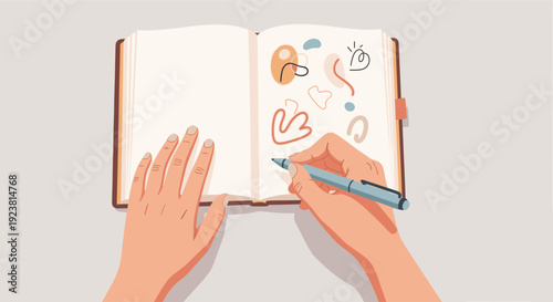 Top view illustration showing a hand drawing abstract shapes and doodles in a sketchbook with a blue pen, ideal for creativity and design concept use.