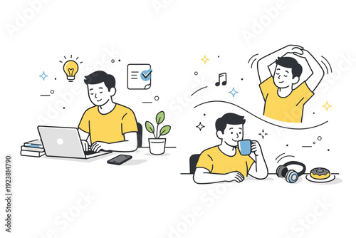 Work tasks between leisure breaks. A person switching from focused laptop work to a short stretch or coffee sip, casual items nearby. Balanced rhythm between
