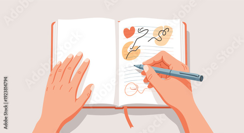 An open notebook shows hands writing with a pen, featuring colorful doodle art; creative, artistic, and can be used for blogging, journaling, planning, or creative writing concepts.