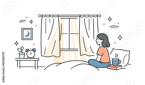 Woman waking up in bed with sunlight streaming through the window and a cup of coffee