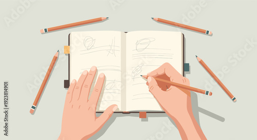 Top view illustration of hands sketching with a pencil in an open notebook, surrounded by other pencils, on a light background, ideal for creative or educational designs.