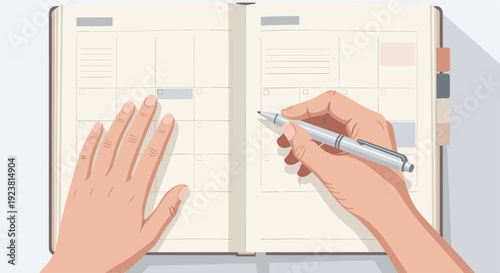 An illustration depicts a hand using a silver pen to write on a light beige calendar planner, perfect for organizational and scheduling content, showing planning and appointments.