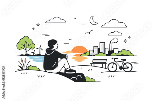 Living with climate change. End-of-day moment where a person reflects outdoors under changing skies, surrounded by subtle nature and city elements. The