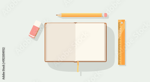 Top-down vector illustration of an open notebook, pencil, eraser and ruler arranged on a light background, perfect for design mockups, education, or office supply related projects.
