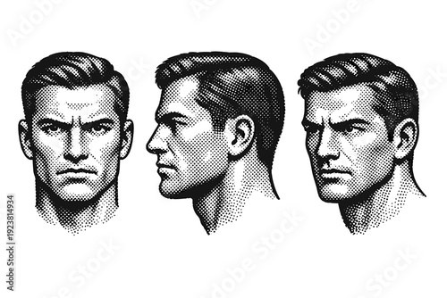 Black and white pop art face serious expression A human face with a serious expression is shown as one object from three different views: front view, side