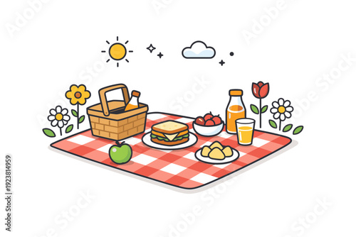 Spring picnic cheerful scene with a blanket, simple snacks and surrounding flowers, symbolizing rest, balance and outdoor happiness. Minimalist flat vector
