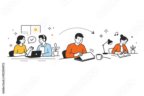 Hybrid work with daylight-filled rooms. Afternoon hybrid work scene with warm daylight, laptop closing after a call. Calm transition between collaboration and