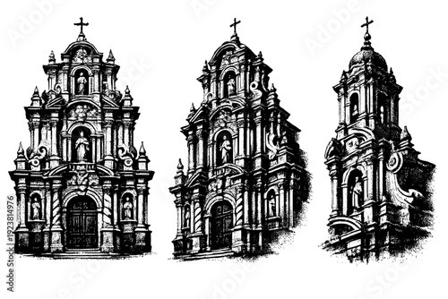 Historic building facade baroque church facade. A richly detailed historic church facade with curved forms, sculptural niches, layered