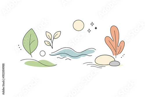 Organic nature abstractions. A calm editorial scene with soft organic shapes inspired by leaves, water, and natural growth floating on a white background. The
