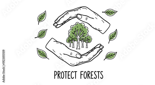 Two hands gently cradle stylized trees and leaves on a white background, representing environmental protection and forest conservation with a fresh, clean, line art style.