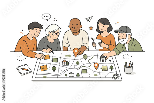 Neighborhood resilience collaborative mapping. A group of neighbors gathered around a large paper map or board, adding notes and icons together. The