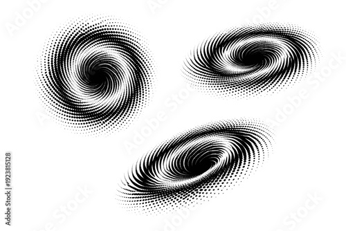 Circular halftone swirl vortex shape with tightening center shown from front view, angled side view, and three-quarter view as a single object set with
