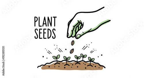 Illustration depicting a hand planting seeds into the ground where tiny seedlings are already sprouting; concept for growth, gardening, and spring.