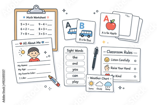 Printable teacher resources. Worksheets, flashcards, and charts laid out neatly on a desk with a pen and clipboard. Practical classroom tools and everyday
