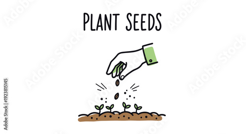 Stylized illustration showing a hand planting seeds into soil, with small sprouts emerging. Concept for gardening, growth, and sustainability.