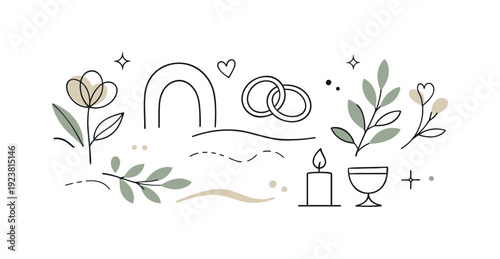 Minimalist wedding and celebration icons with floral and symbolic elements