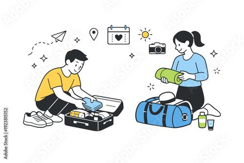 Weekend getaway. A couple packing a small suitcase and travel bag at home, preparing for a short trip. Light, anticipatory mood with minimal travel icons and