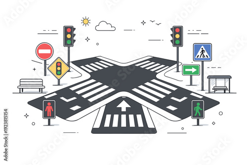 Underused urban infrastructure. A network of crosswalks and signs in perfect condition with no visible users. Urban flow designed but paused. Minimalist flat