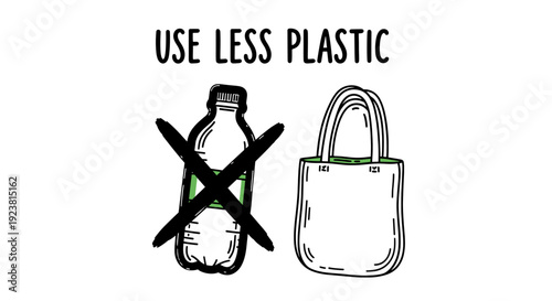 Graphic illustration promoting environmental awareness by swapping a plastic bottle for a reusable tote bag to reduce plastic consumption, simple design on a white background.