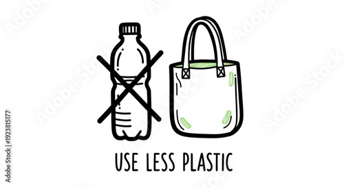 Illustration promoting eco-friendly living, depicting a crossed-out plastic bottle next to a reusable tote bag, advocating for using less plastic. Great for environmental campaigns.