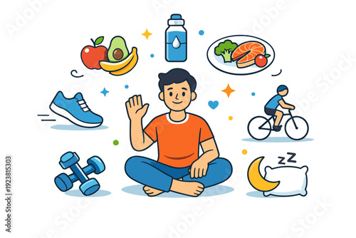 Healthy lifestyle active person surrounded by simple icons of nutrition, movement and sleep, symbolizing holistic wellbeing and positive routines. A friendly