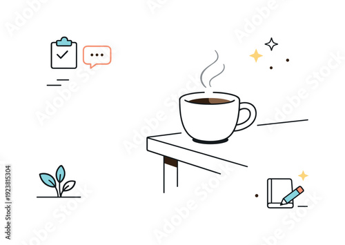 A steaming cup of coffee sits on a table next to icons representing tasks, communication, and writing