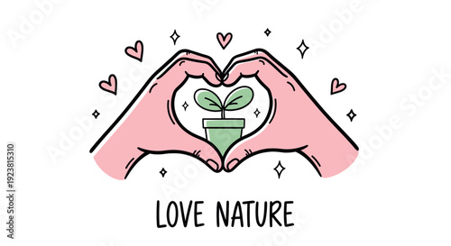 Illustration of hands forming a heart around a potted plant. Symbolizes love for nature, environmental awareness, and eco-friendliness, conveying a positive and caring message.