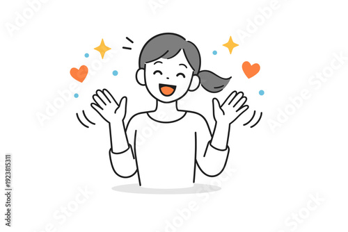 Human emotions ? joy and positivity. Smiling character with light movement lines, hearts or spark symbols floating nearby, expressing