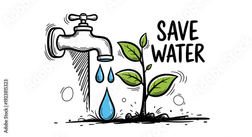 Hand drawn illustration depicting a dripping faucet with water drops falling onto a sprouting plant, emphasizing the importance of saving water for environmental sustainability.