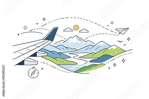 Flying above mountains. Airplane wing visible with scenic mountains and valleys below, abstract decorative lines and dots highlighting perspective, calm, and